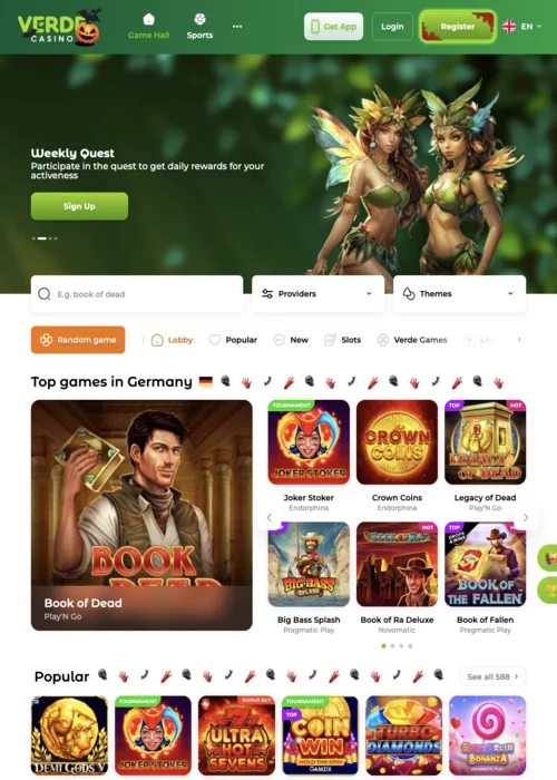 Verde Casino hoofdpagina met live dealers en premium tafelspellen