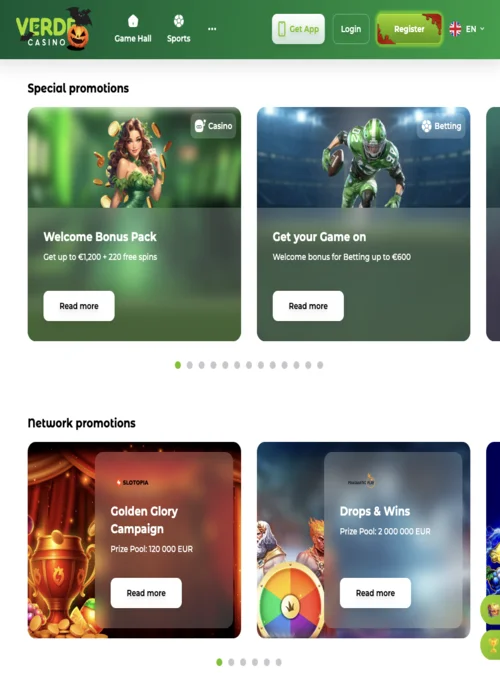 Verde Casino bonus pagina met welkomstbonussen en dagelijkse promoties